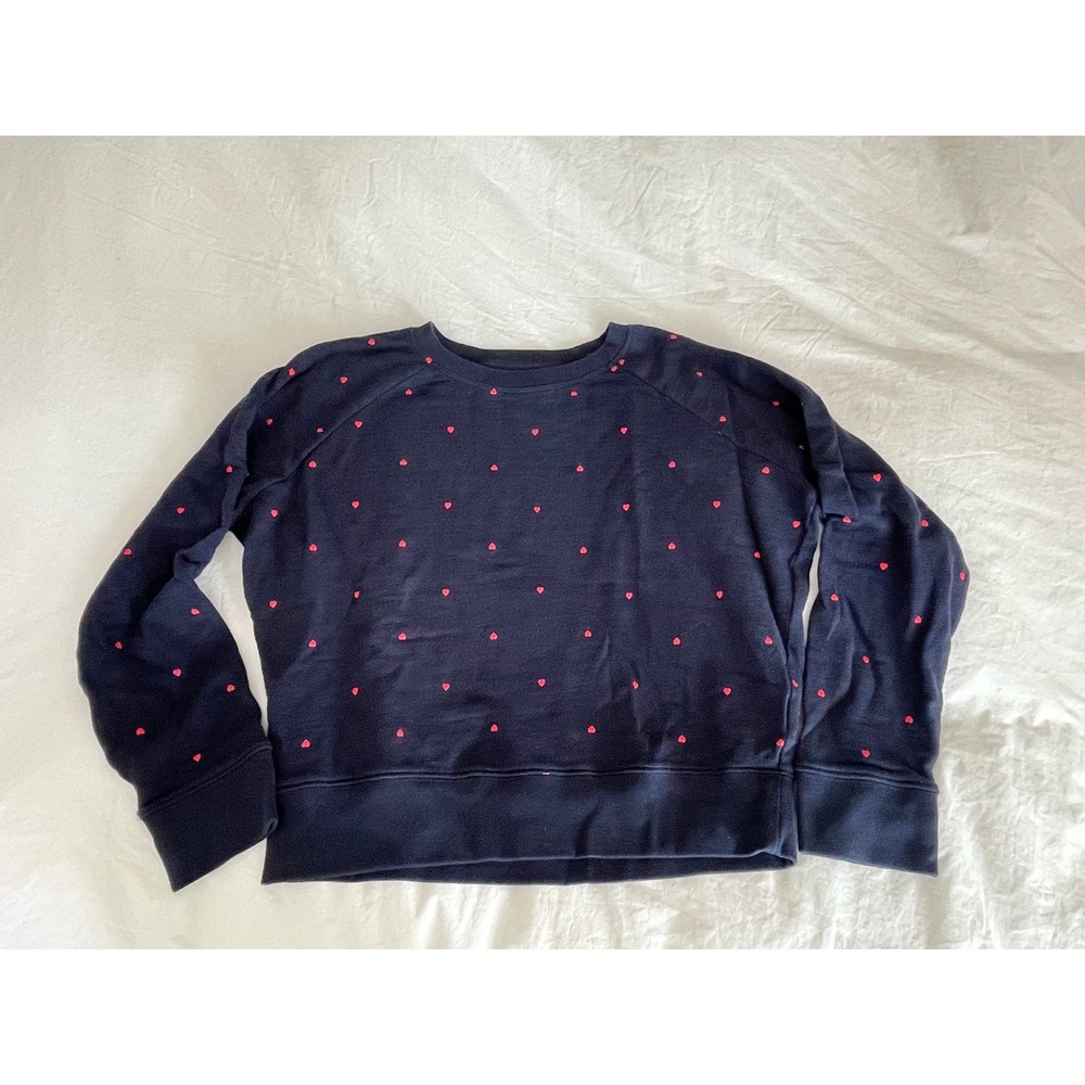 J. Crew Sweatshirt Navy Blue Red Heart Vintage Fleece Cozy 100% Cotton Size XS
